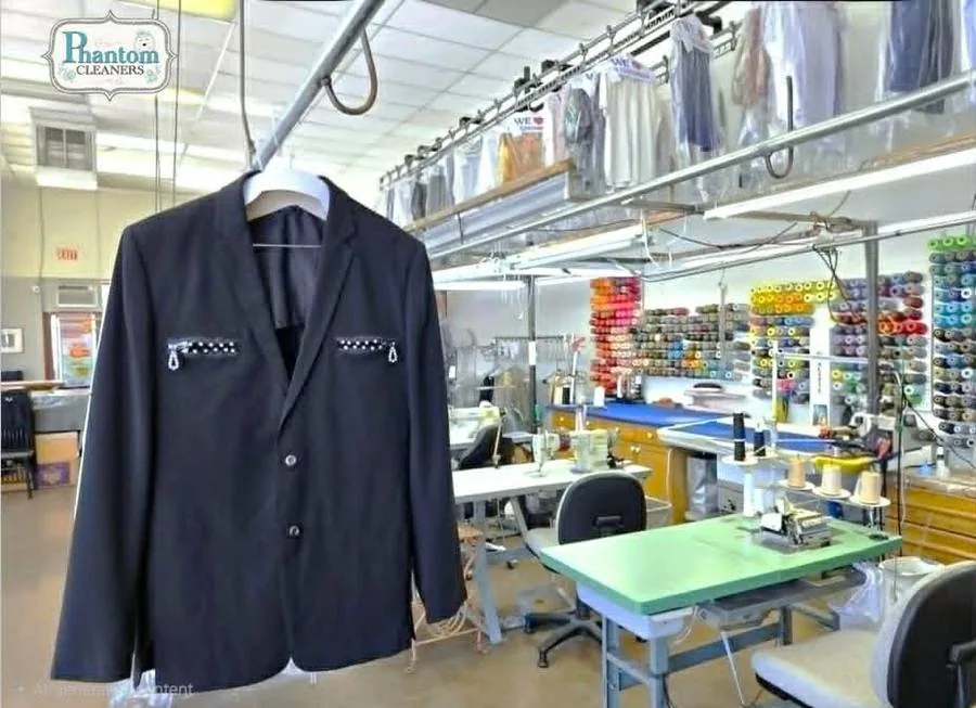 Inside a Phantom Cleaners location, garments ready on the rack