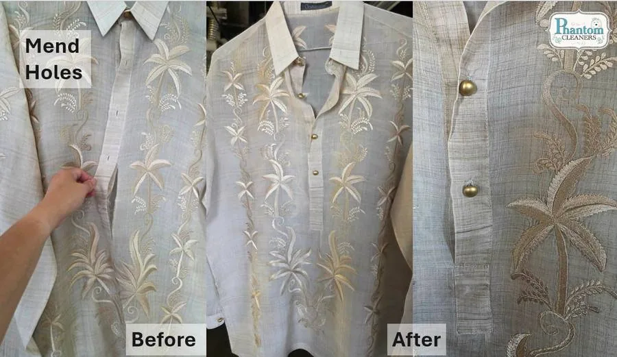 Embroidered barong shirt, holes mended, before and after