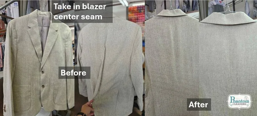 Blazer taken in at the center seam, before and after