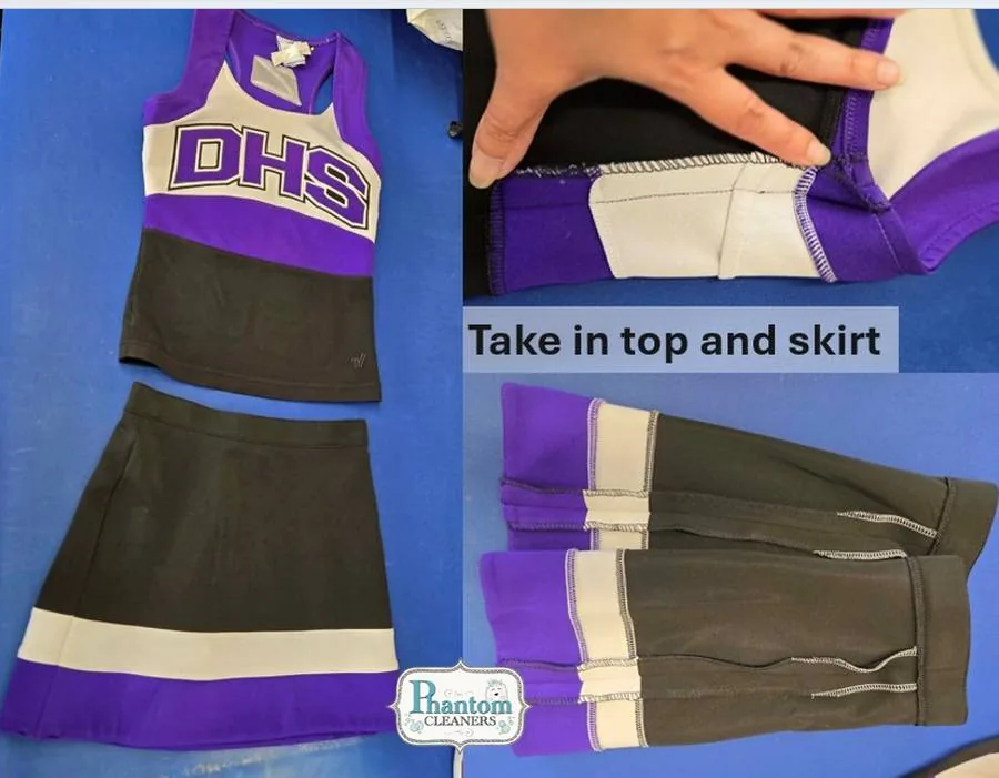 Cheer uniform top and skirt taken in, before and after