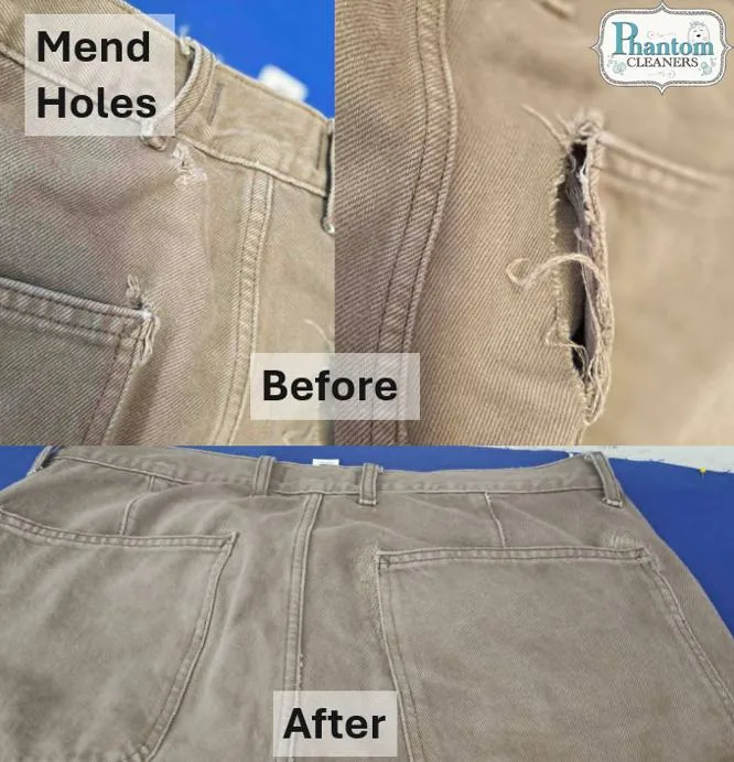 Denim jacket with mended holes, before and after