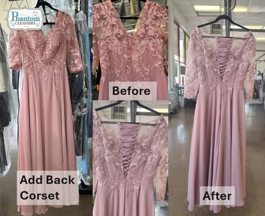 Lace dress with corset back added, before and after