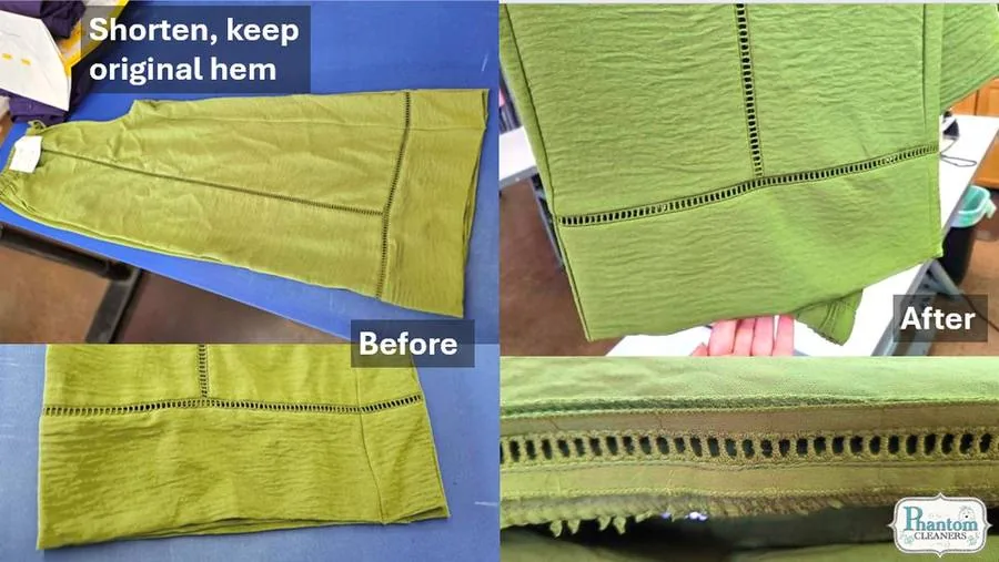Pants shortened with original hem kept, before and after