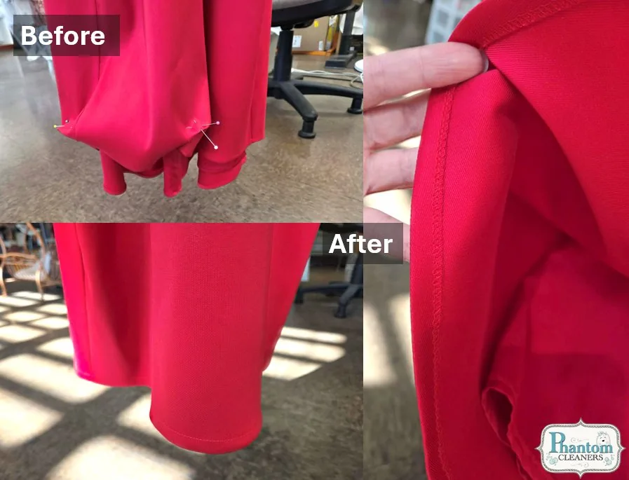 Red gown hem shortened, before and after