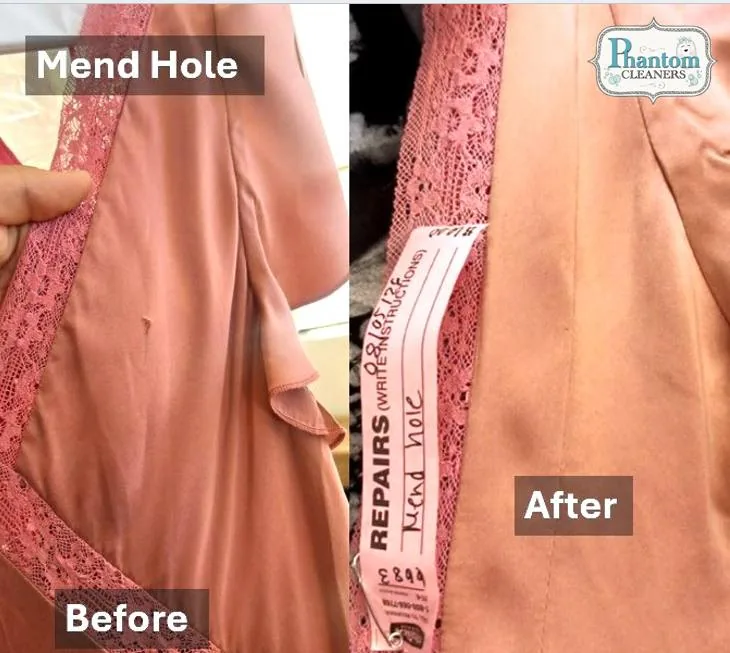 Satin garment with mended hole, before and after