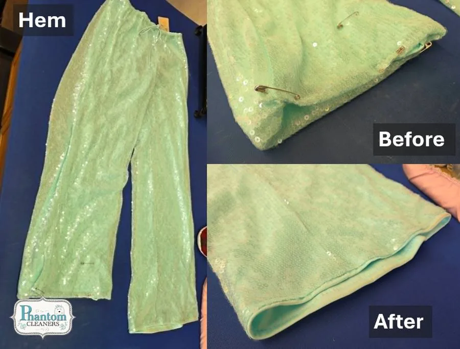 Sequin pants hemmed, before and after
